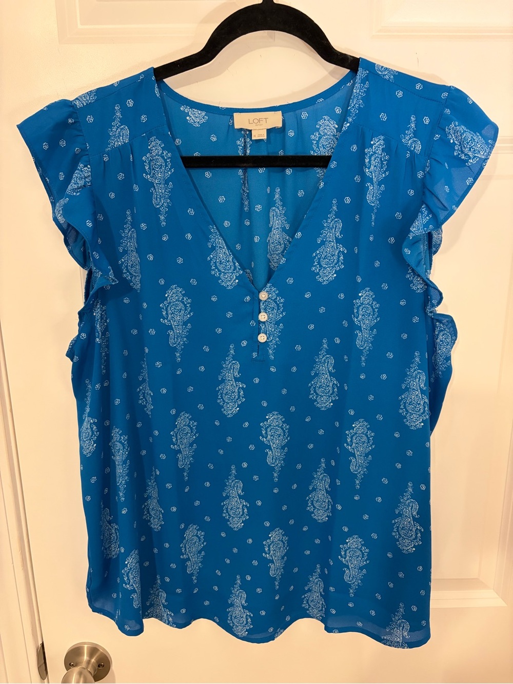 LOFT Turquoise Blue Paisley Flutter-Sleeve V-Neck Blouse XL